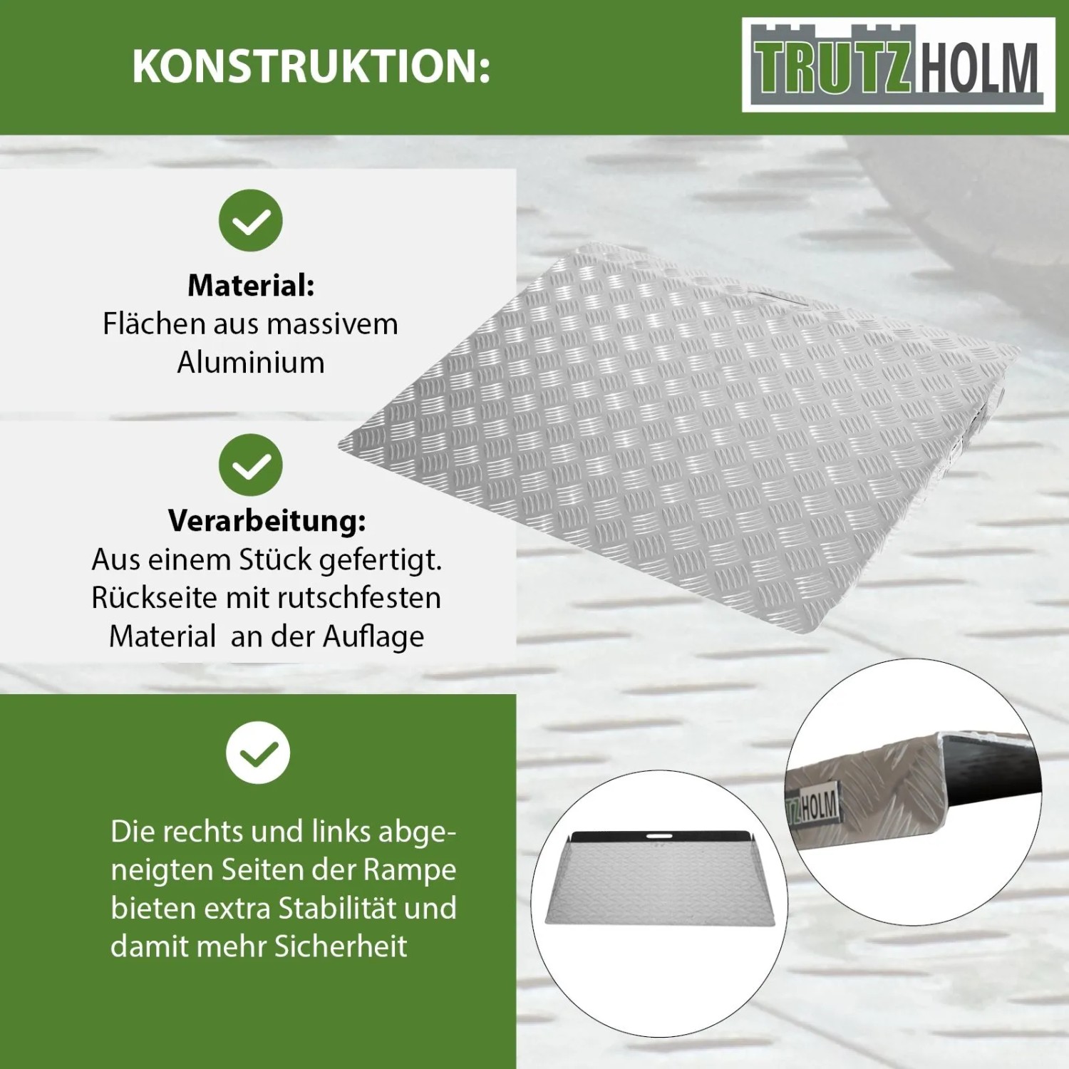 TRUTZHOLM Türschwellenrampe aus Aluminium, geriffelte Oberfläche für sicheren Halt.