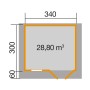 Grundriss Weka Holz-Gartenhaus Sienna, 340x370 cm, unbehandelt. Maße: 340x300 cm, 28,80 m³ Volumen.