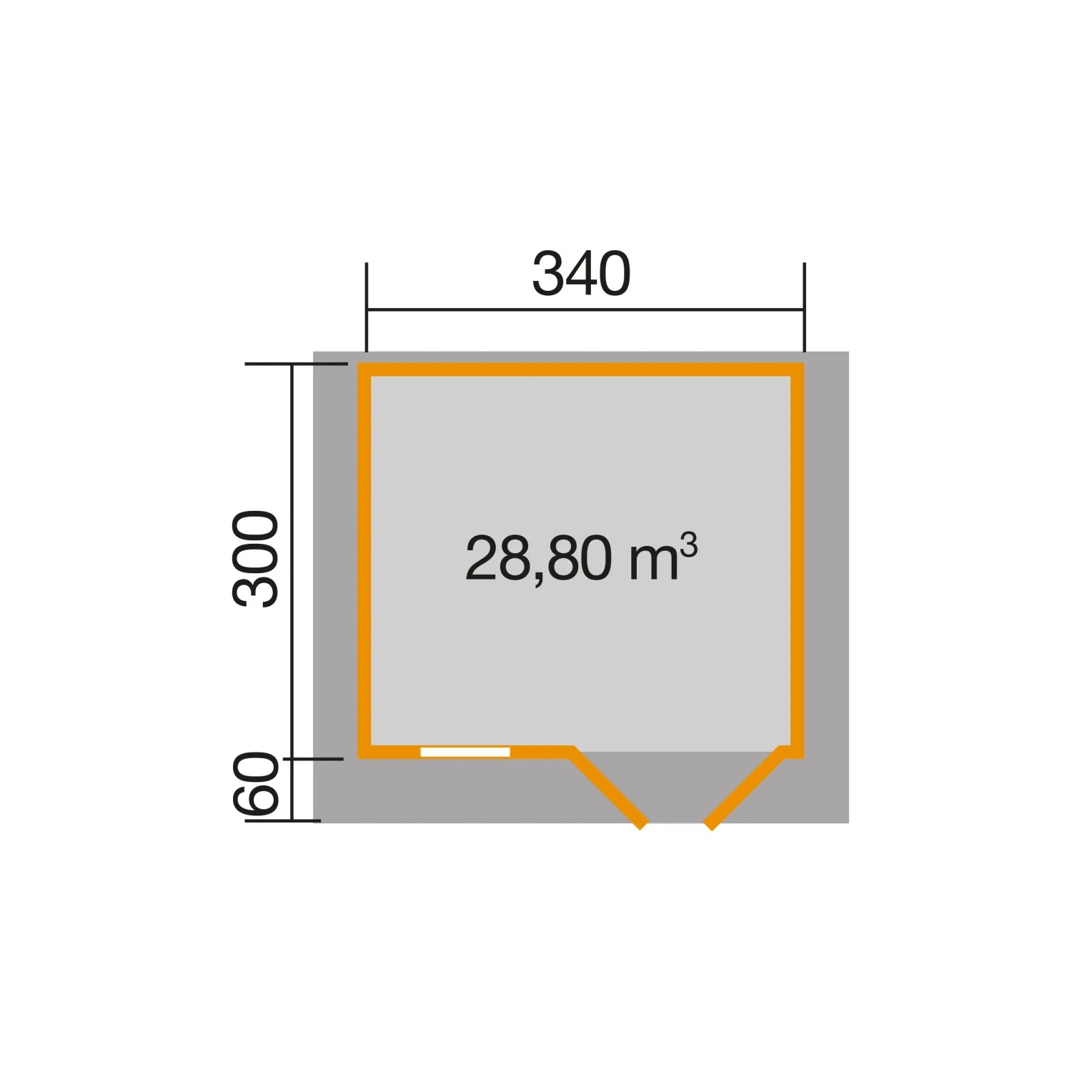 Grundriss Weka Holz-Gartenhaus Sienna, 340x370 cm, unbehandelt. Maße: 340x300 cm, 28,80 m³ Volumen.