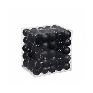 100 schwarze Weihnachtskugeln aus Kunststoff in matter, glitzernder und glänzender Ausführung, ca. 6 cm, in transparenter Box.