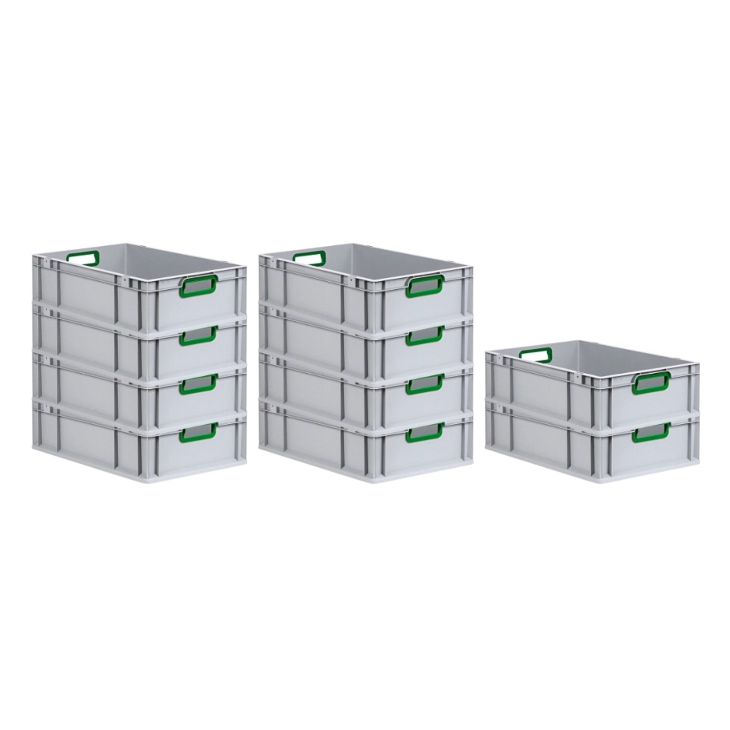 PROREGAL Spar Set: 10 graue Euroboxen mit grünen Griffen, 34 Liter, für Lager und Transport.