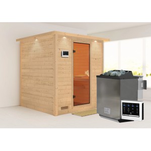 Karibu Sauna Marika mit Bio-Ofen und LED-Dachkranz aus naturbelassener Fichte.