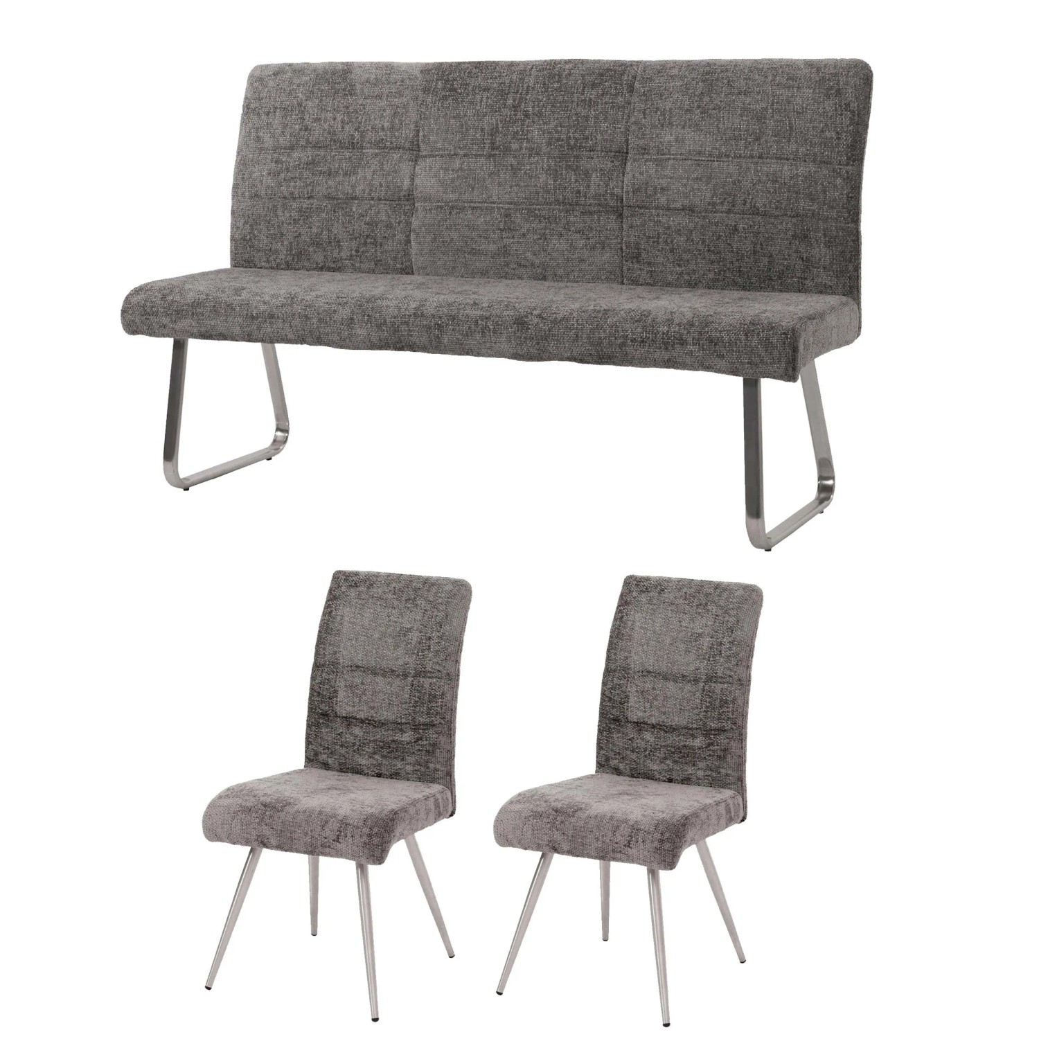 MCW Esszimmer-Set G55  2er-Set Stuhl + Sitzbank 160cm 3-teilig Stoff Chenille Dunkelgrau
