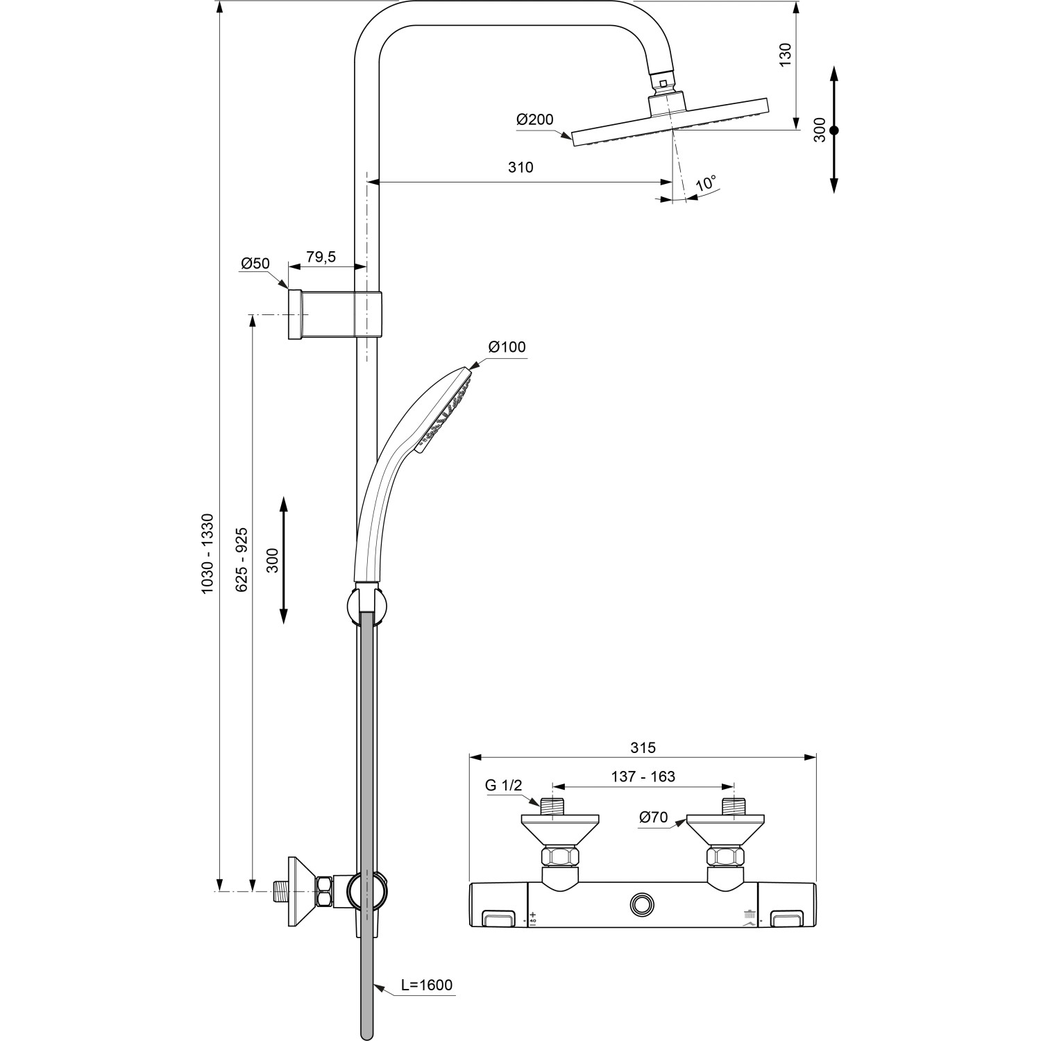 Technische Zeichnung Ideal Standard Duschsystem Ceratherm T25 Chrom mit Maßangaben.