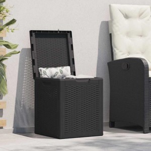 Schwarze Furnicato Gartenbox (90L) in Rattan-Optik zur Aufbewahrung im Garten.