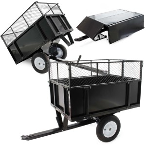 Schwarzer Wiltec Kippanhänger aus Stahl mit Gitteraufsätzen und Kippfunktion für Rasentraktor und Garten. Max. 300 kg.