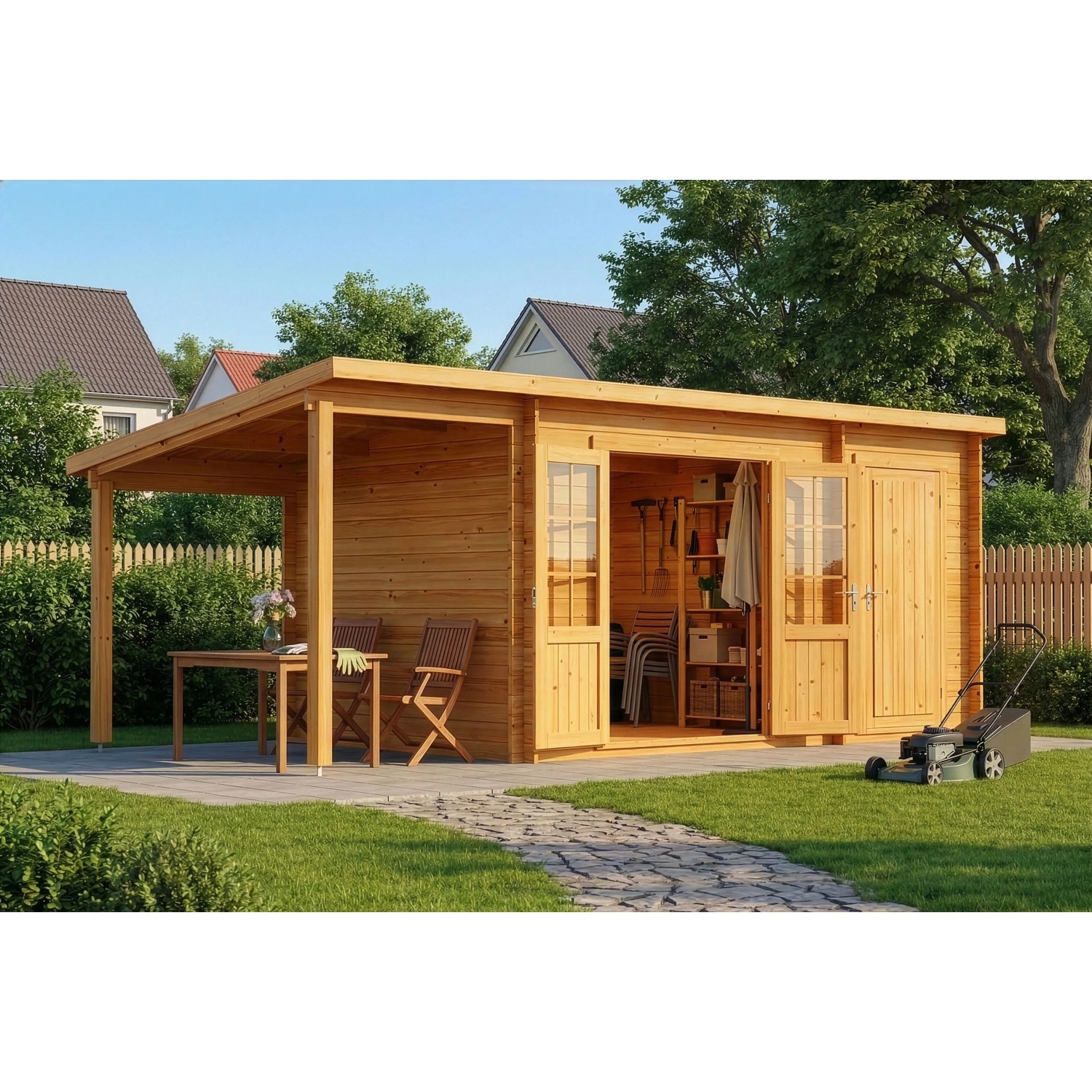 Alpholz Gartenhaus Maria-28 Natur 450 x 250 cm + 150 cm Schleppdach, imprägniert