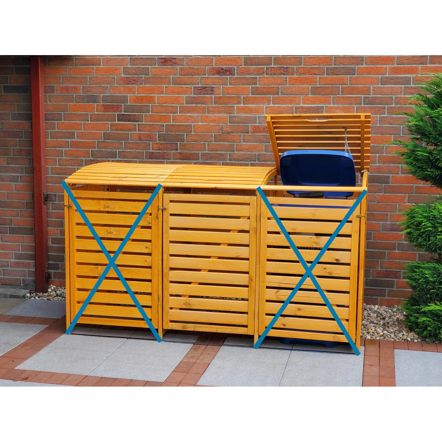 Erweiterung für Mülltonnenbox Vario III in Honigbraun aus Kiefernholz, passend für 240L Tonnen.