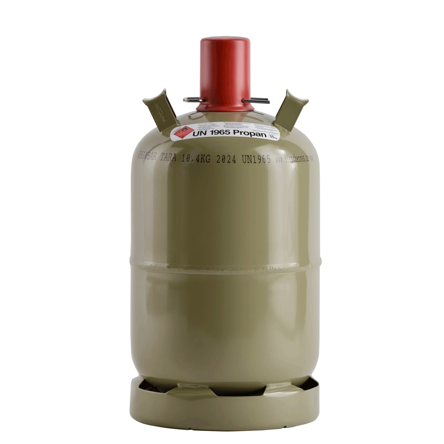 Grüne 11 kg Propan Eigentumsflasche (Füllung) mit rotem Verschluss für Grill, Heizung.