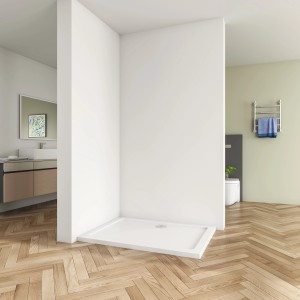 Rechteckige, weiße AICA Duschwanne 110x90 cm aus Kunststein mit Ablaufgarnitur im Badezimmer.