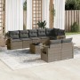 Graue 9-teilige vidaXL Garten-Sofagarnitur aus Polyrattan mit Kissen. Gartenmöbel für Terrasse und Garten.