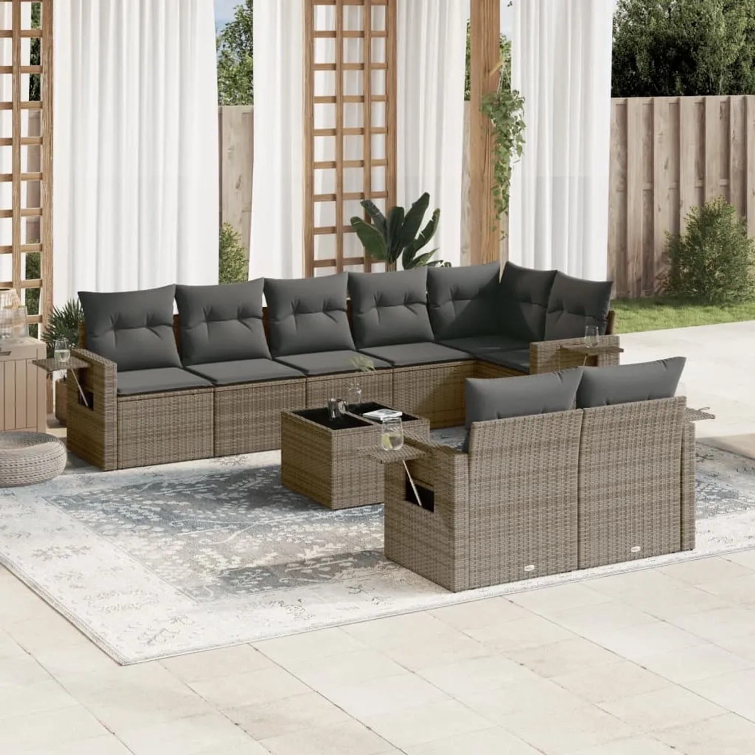 Graue 9-teilige vidaXL Garten-Sofagarnitur aus Polyrattan mit Kissen. Gartenmöbel für Terrasse und Garten.