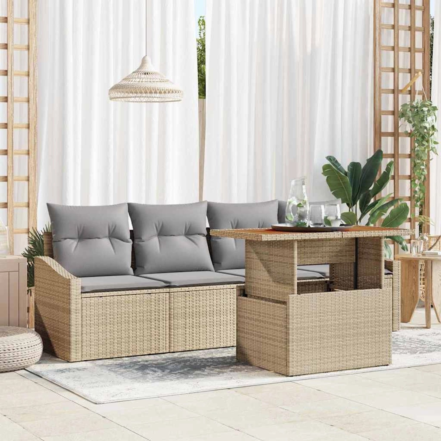 vidaXL Garten-Sofa-Set mit Kissen 5-Tlg Beige Poly Rattan 3349769 günstig online kaufen