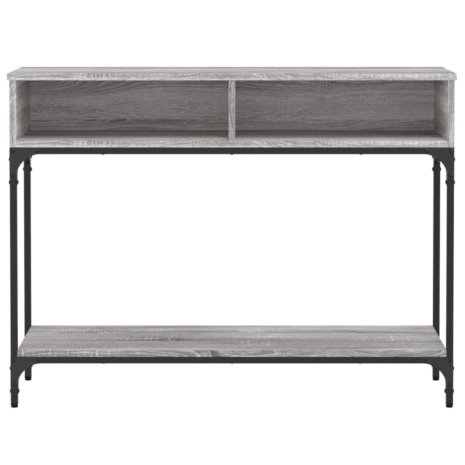 vidaXL Konsolentisch Grau Sonoma mit Fächern und Ablage aus Holzwerkstoff und Metallgestell.