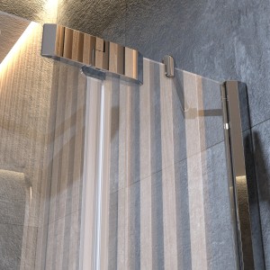 Detailaufnahme: Eckdusche Brava Frame mit Chrom-Beschlägen und Glas-Drehtür.