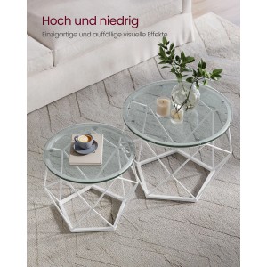Vasagle Couchtische, 2er Set, rund, weiß/transparent. Wohnzimmertische mit Glasplatte und modernem Design.