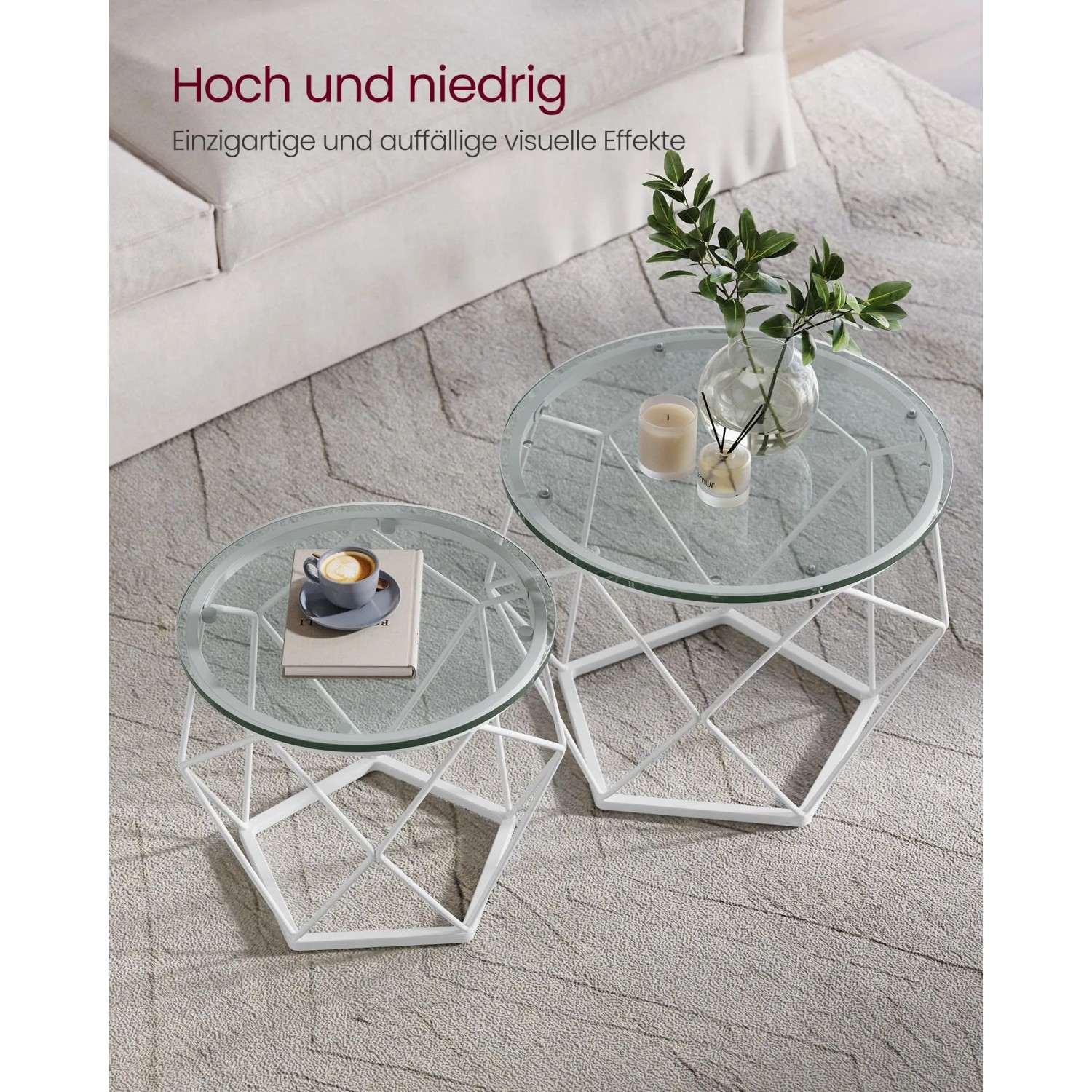 Vasagle Couchtische, 2er Set, rund, weiß/transparent. Wohnzimmertische mit Glasplatte und modernem Design.