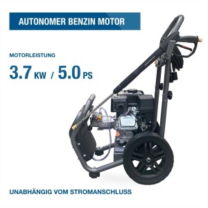 Mobiler Benzin-Hochdruckreiniger 5 PS (3.7 kW) mit Rädern, Hochdruckschlauch und Spritzpistole. Autonomer Motor.