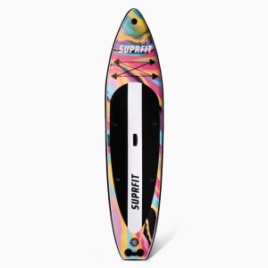 Suprfit SUP Board Aquarell mit buntem Design, schwarzem Anti-Rutsch-Pad und Gepäcknetz für Wassersport.