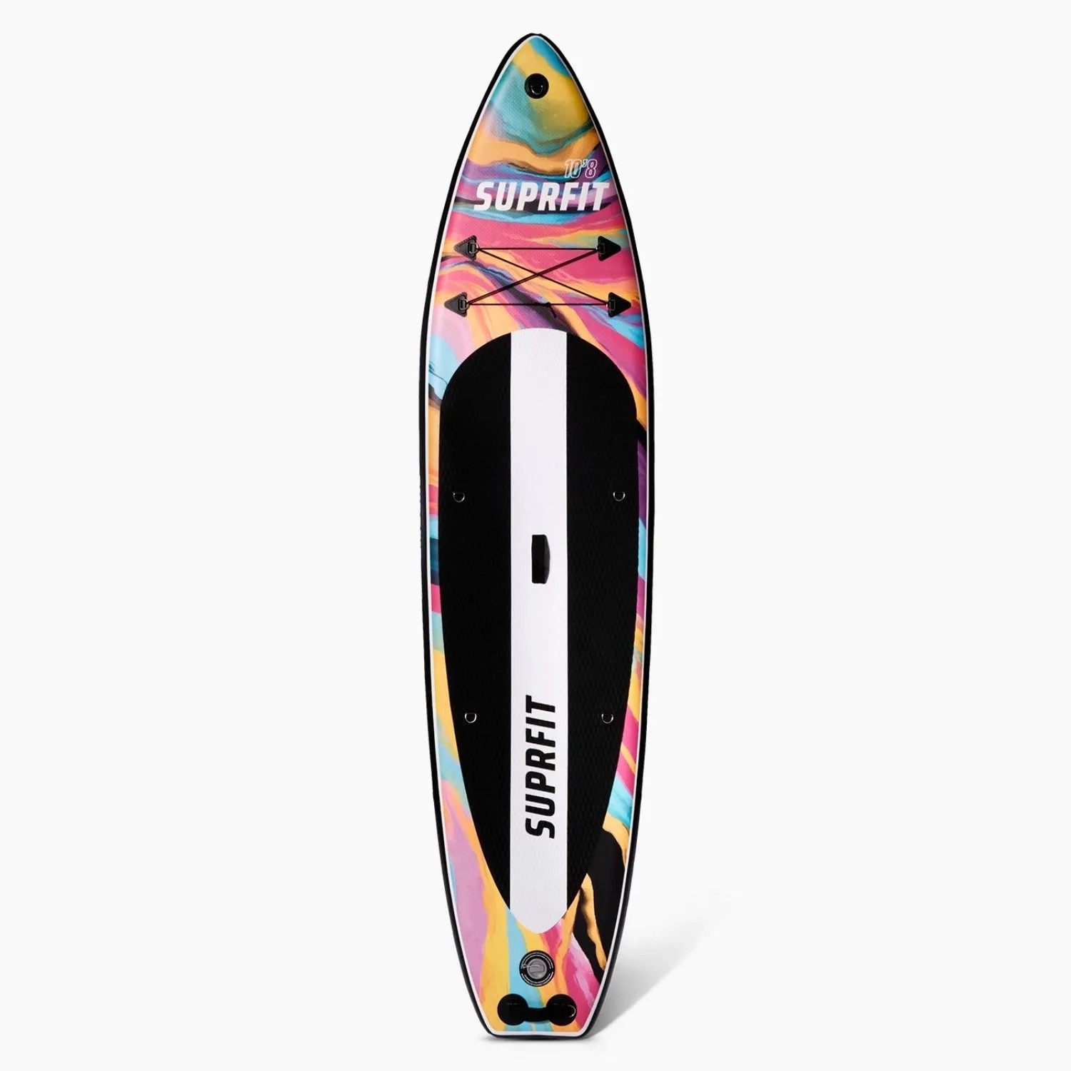 Suprfit SUP Board Aquarell mit buntem Design, schwarzem Anti-Rutsch-Pad und Gepäcknetz für Wassersport.