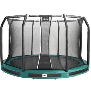 Grünes Salta Premium Ground Trampolin, ø 427 cm, mit Sicherheitsnetz für den Garten.
