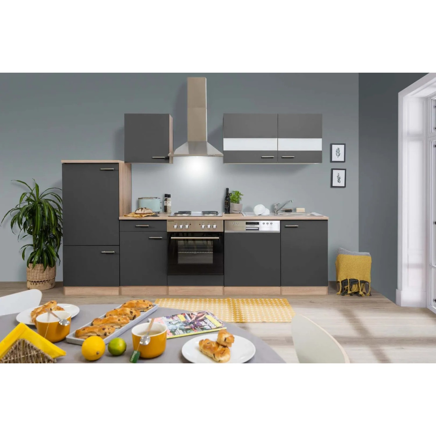 Respekta Küchenzeile LBKB280ESG, 280 cm, Grau/Eiche Sonoma sägerau, ohne E-Geräte.