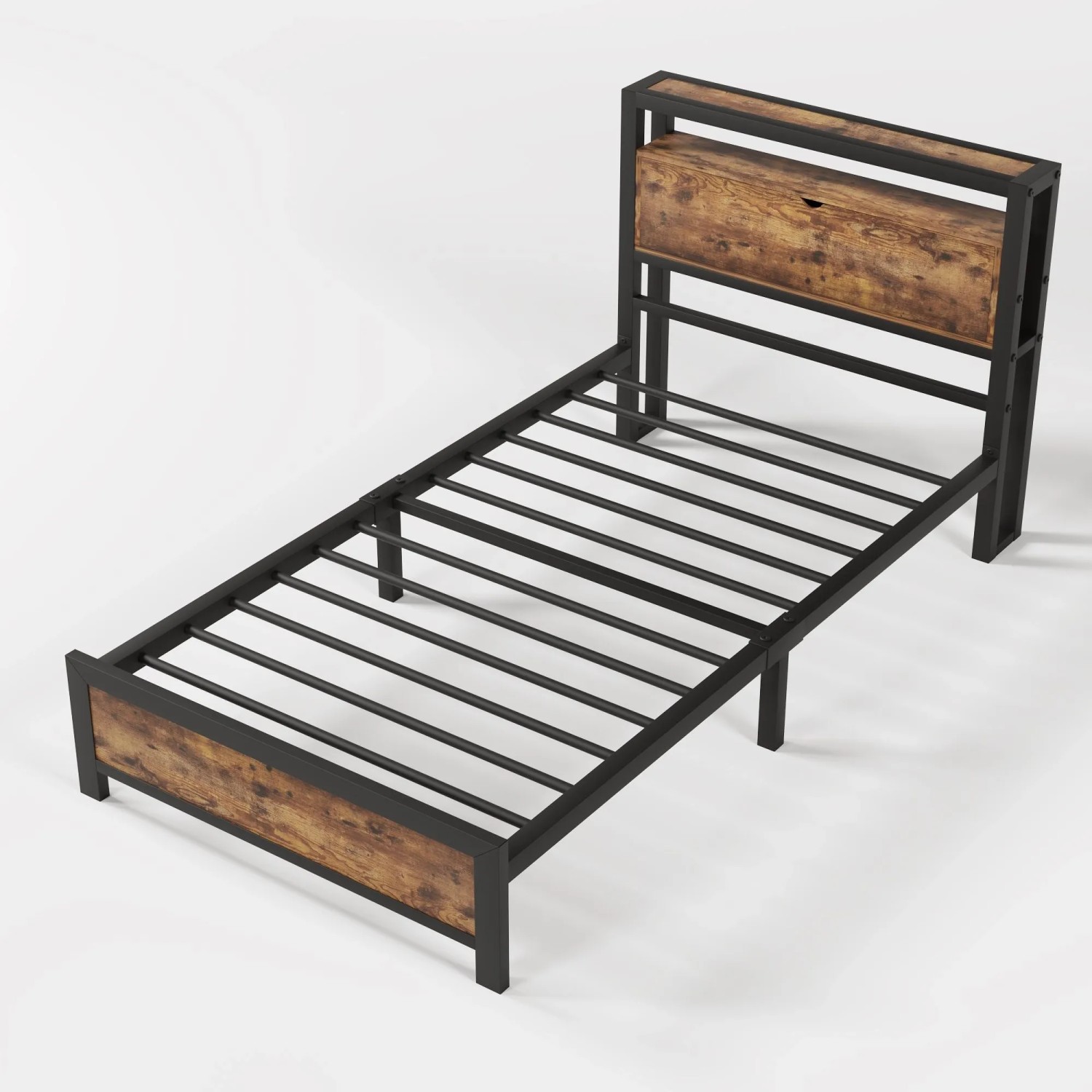 Merax Metallbett 90x200cm Stauraum Kopfteil Schwarz