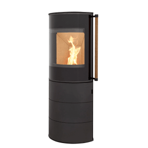 Schwarzer H&M Germany Kaminofen Citro 2.0 mit Holzgriff und Flamme im Brennraum.