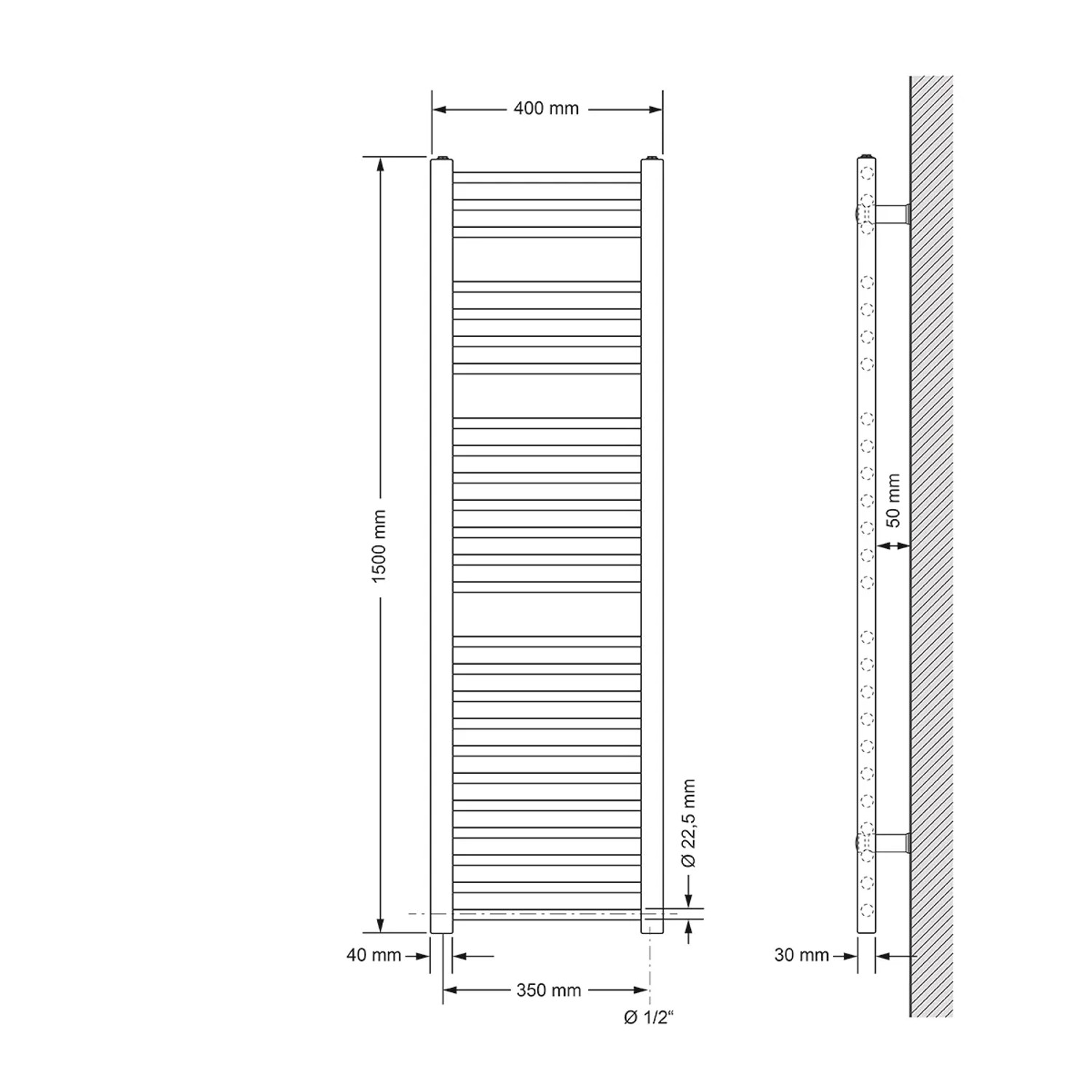 Skizze eines weißen LuxeBath Badheizkörpers, elektrisch, 400x1500 mm, mit Maßangaben.