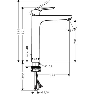 Technische Zeichnung: Hansgrohe Logis E Waschtischarmatur 230mm, Chrom, mit Maßen.