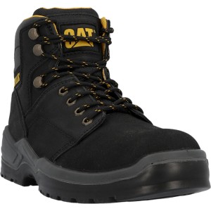 Schwarzer Cat Sicherheitsstiefel Striver Größe 40 aus Leder mit Stahlkappe und gelbem Logo.