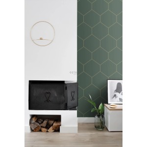 ESTAhome Vliestapete mit elegantem Wabenmuster in Dunkelgrün und Gold an einer Wand. Stilvolles Design.