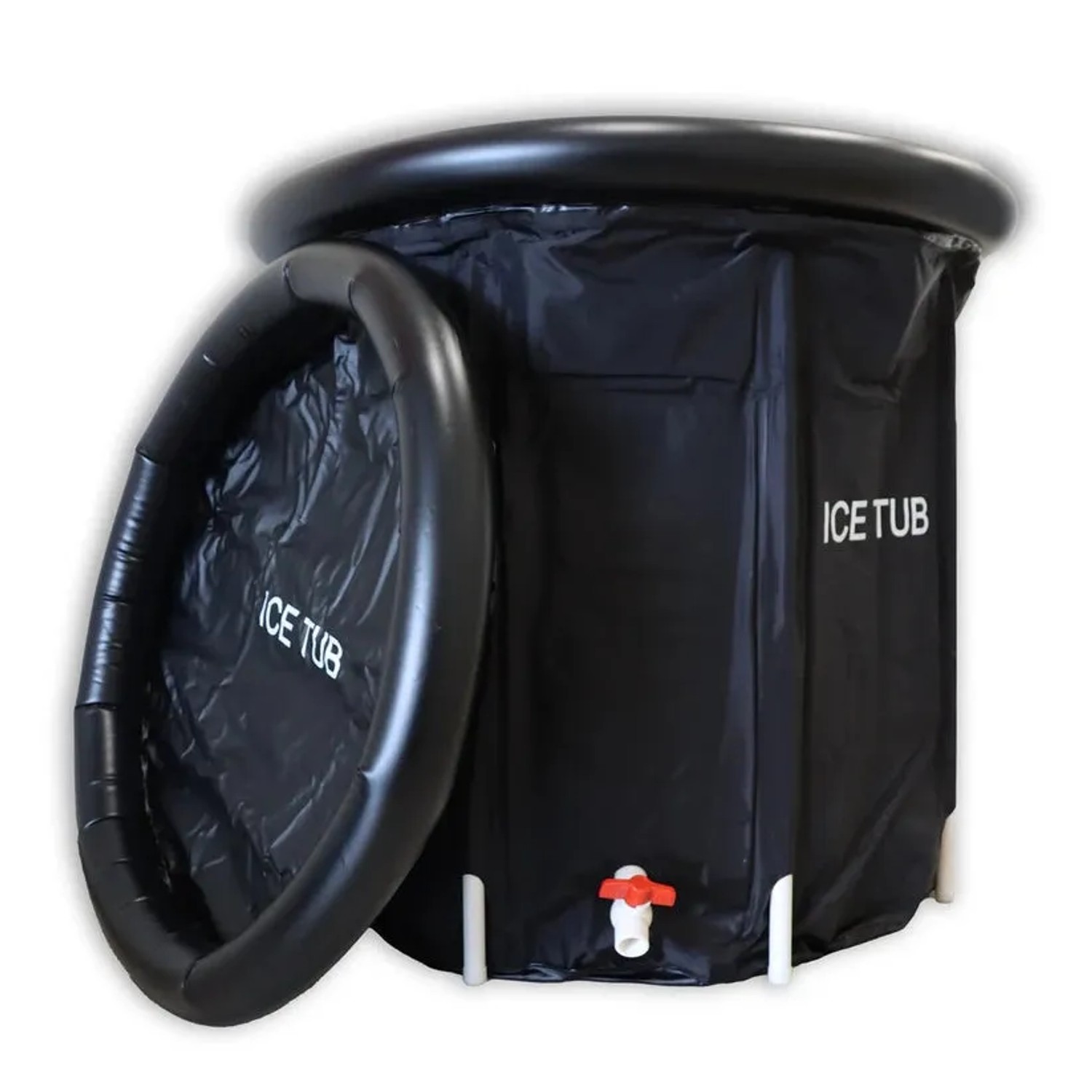 Schwarzes Ice Tub Eisbad, ca. 80cm Durchmesser, mit aufblasbarem Rand und Ablasshahn.