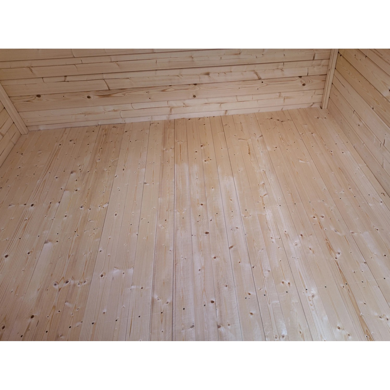 Innenansicht Gartenhaus weka 122 Gr.1 mit Holzwänden und Holzboden.