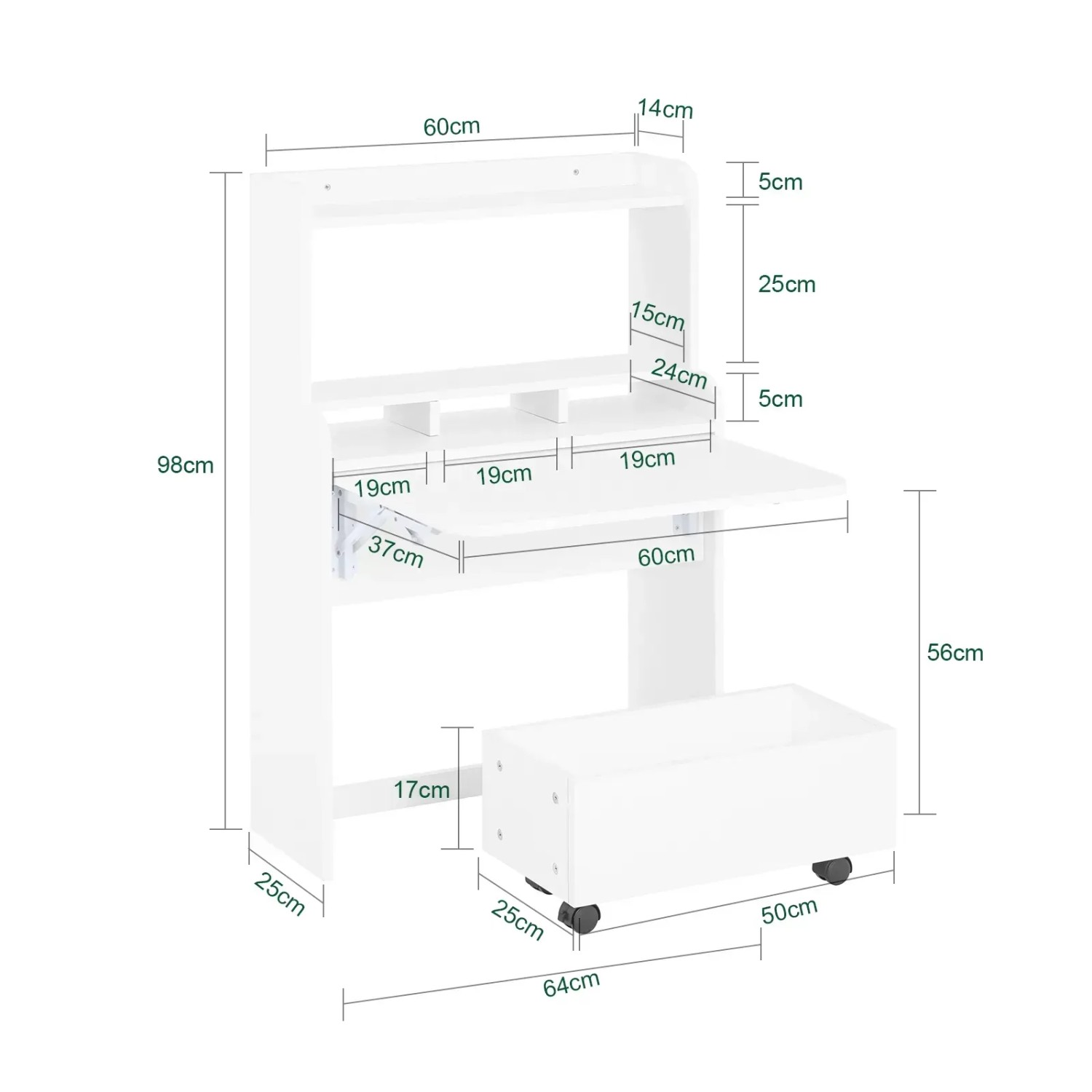 SoBuy Klappbarer Schreibtisch FWT105-W, weiß, mit Rollwagen und Regalfächern. Ideal für Homeoffice.