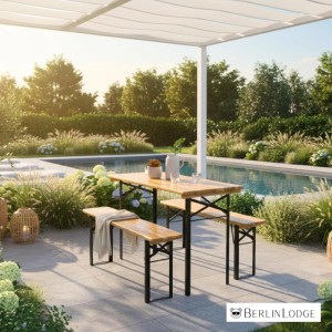 CHEFGASTRO Bierzeltgarnitur, 3-teilig, aus lackiertem Holz und Stahlgestell im Garten.