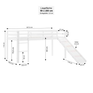 Homestyle4u Kinderbett 90x200 mit Lattenrost und Rutsche in Weiß 2254