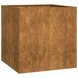 Quadratischer Pflanzkübel aus wetterfestem Stahl in Rost-Optik, 80x80x80 cm. Robustes Pflanzgefäß für Garten & Terrasse.