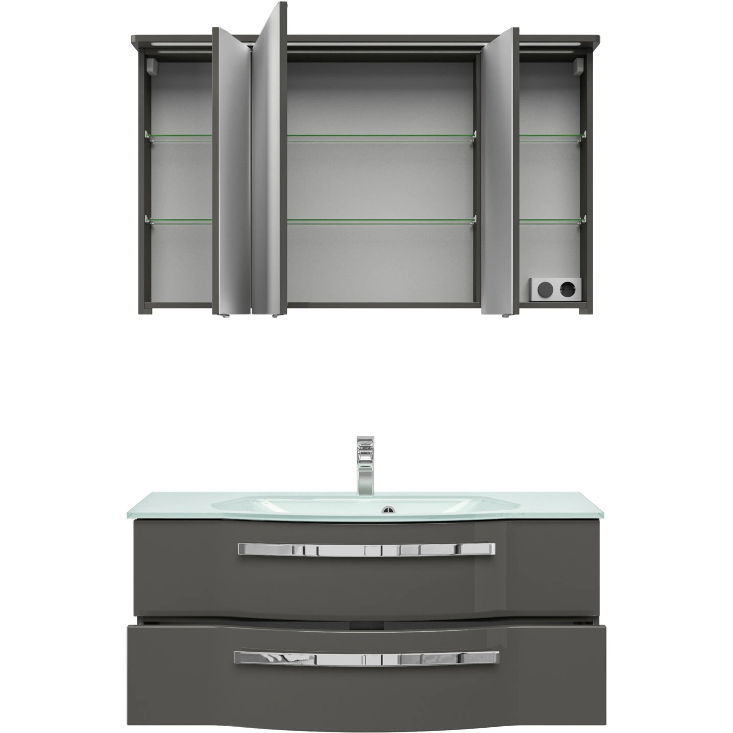 Pelipal Badmöbel-Set Serie 4005, 117 cm, Steingrau Hochglanz: Waschbeckenunterschrank, Glaswaschtisch, Spiegelschrank.