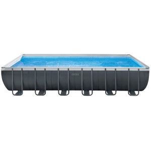 Intex Frame Pool Set Ultra Quadra XTR, 732x366x132 cm, Stahlrahmenpool mit blauem Wasser.