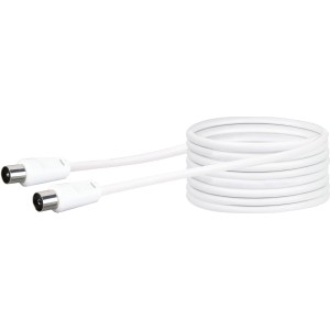 Weißes Schwaiger Antennenkabel, 15 m, mit Koaxialsteckern aufgerollt.