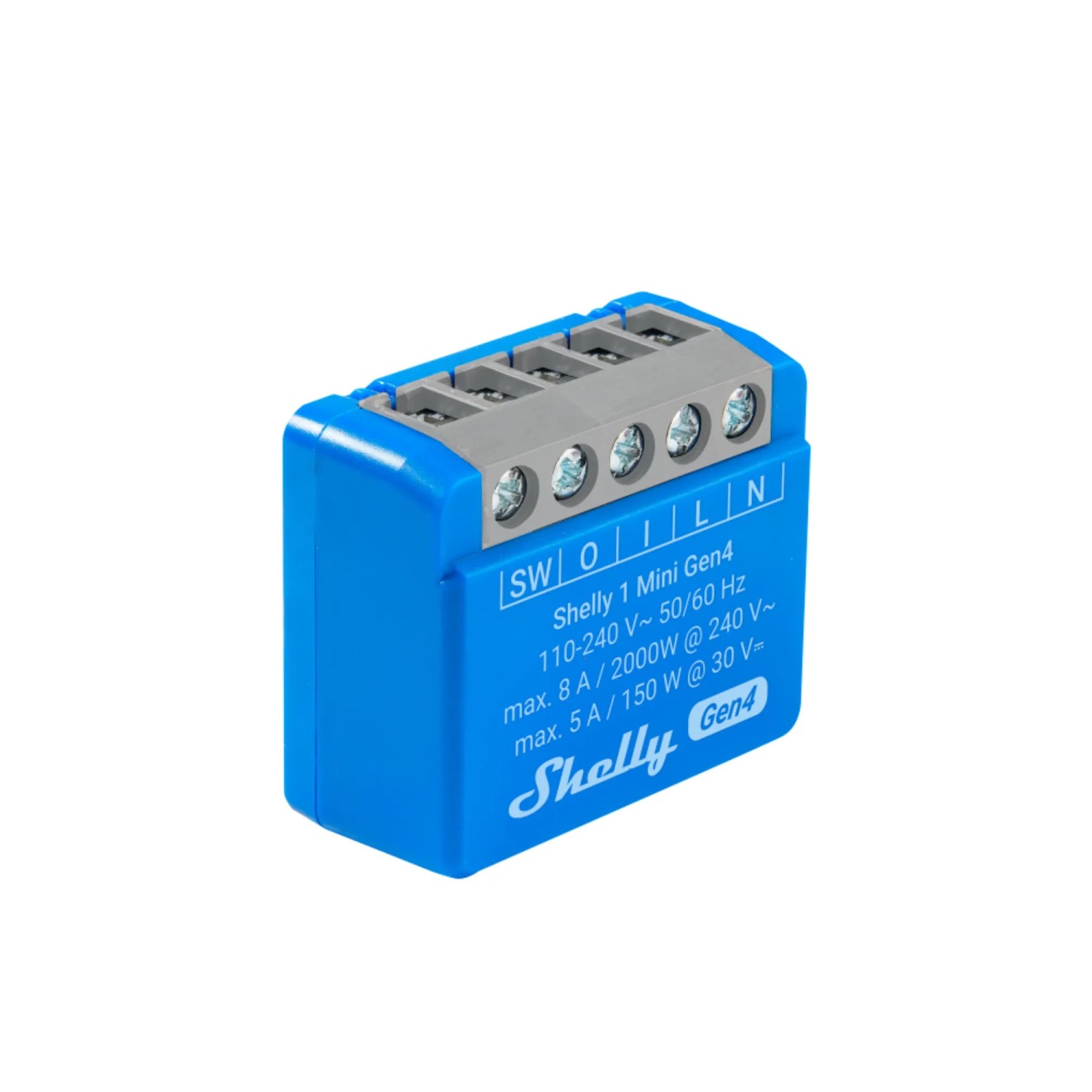 Blaues Shelly Smart-Relais Mini Gen4 für die Hausautomation, Detailansicht.