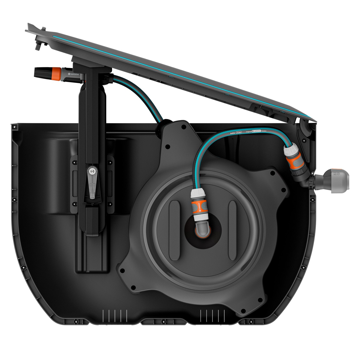 Gardena Undercover Schlauchbox RollUp M, unterirdische Schlauchaufbewahrung mit Schlauch und Anschlüssen.