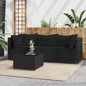 Schwarzes 4-tlg. vidaXL Garten-Lounge-Set aus Polyrattan mit Kissen und Tisch.