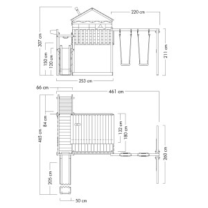Skizze des Wickey Disney Quest Spielturms mit Rutsche in Pastellblau, Maße und Details.