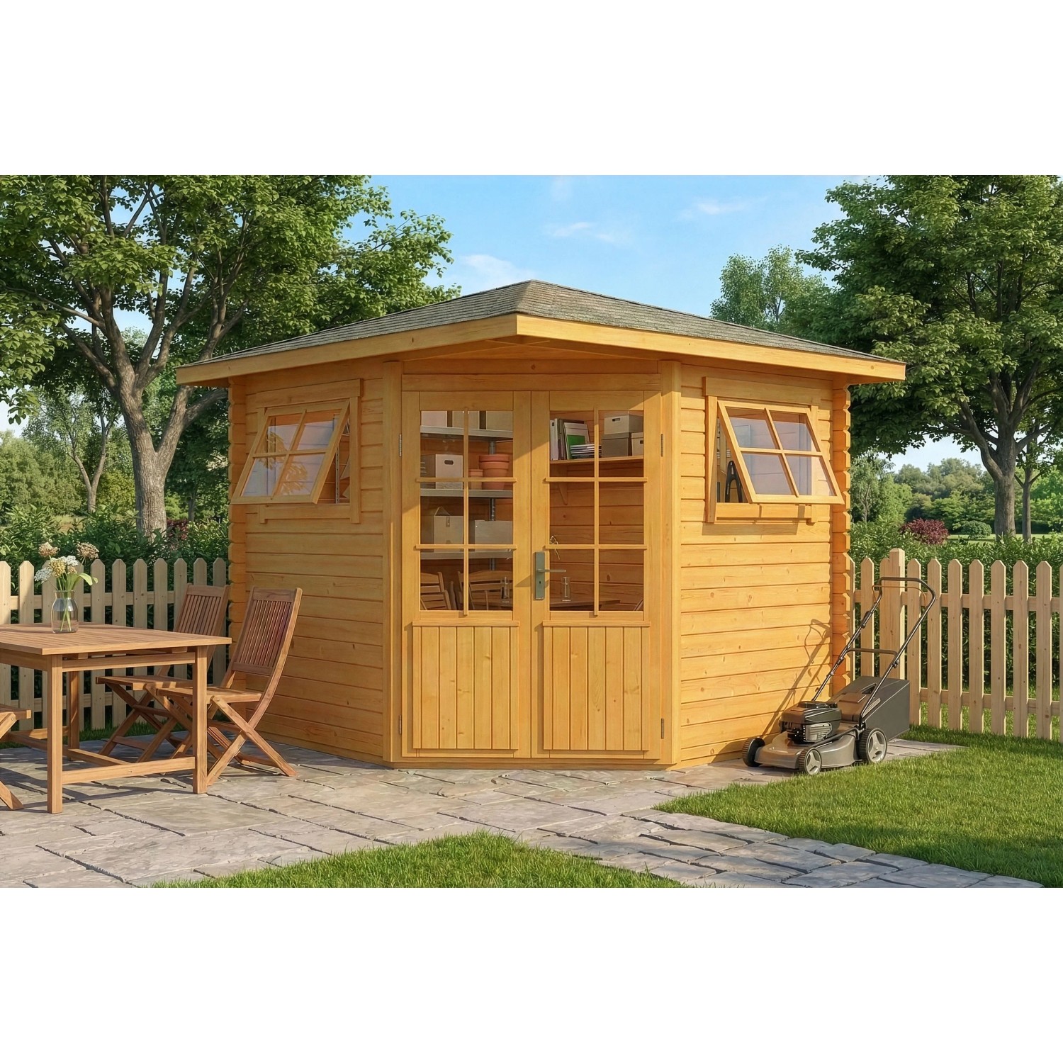 Alpholz 5-Eck Gartenhaus Sunny-B Spitzdach Imprägniert 230 cm x 224 cm