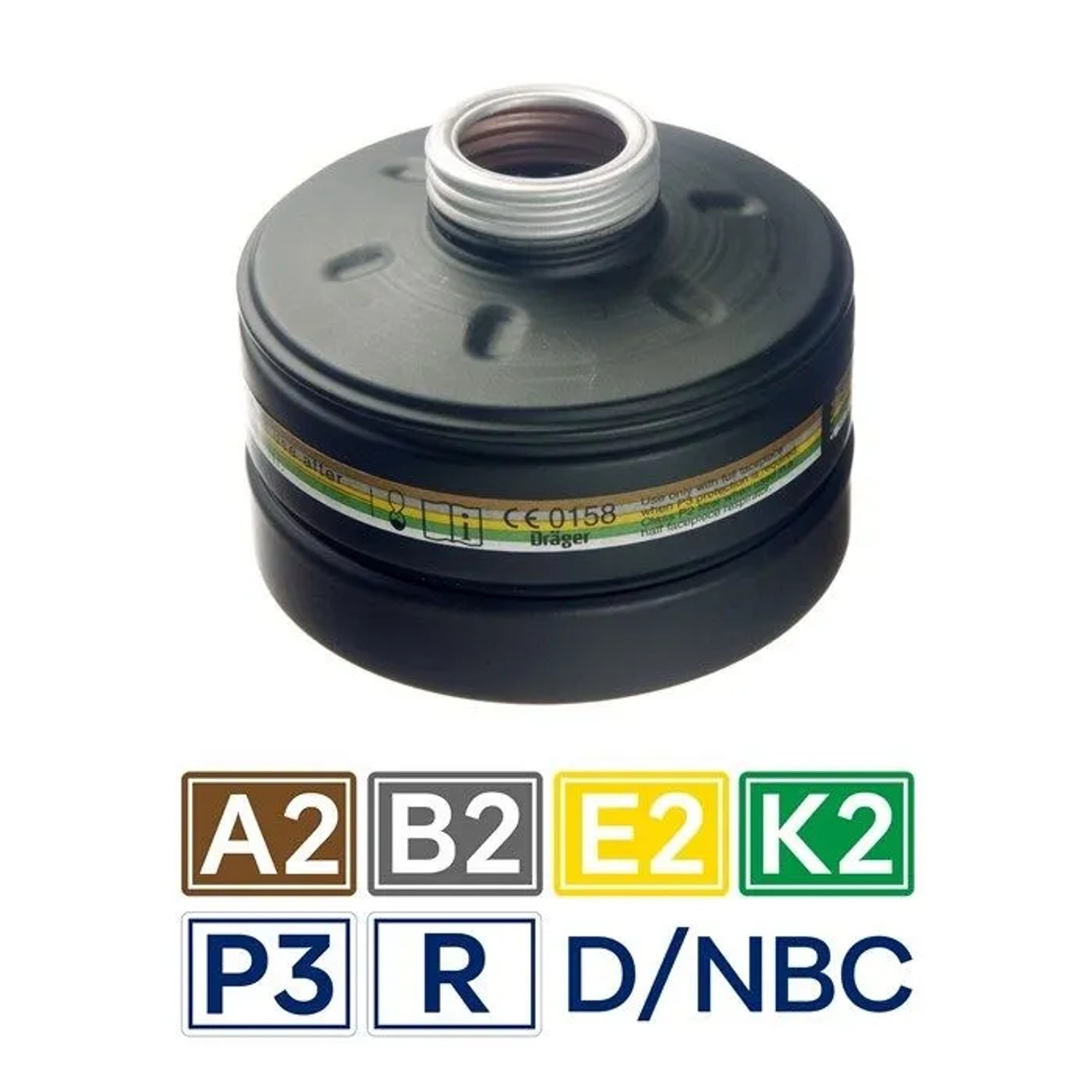 Dunkelgrauer Dräger Kombi-Filter A2B2E2K2-P3 R D/NBC für Atemschutzmasken. Schutz vor Gasen & Partikeln.