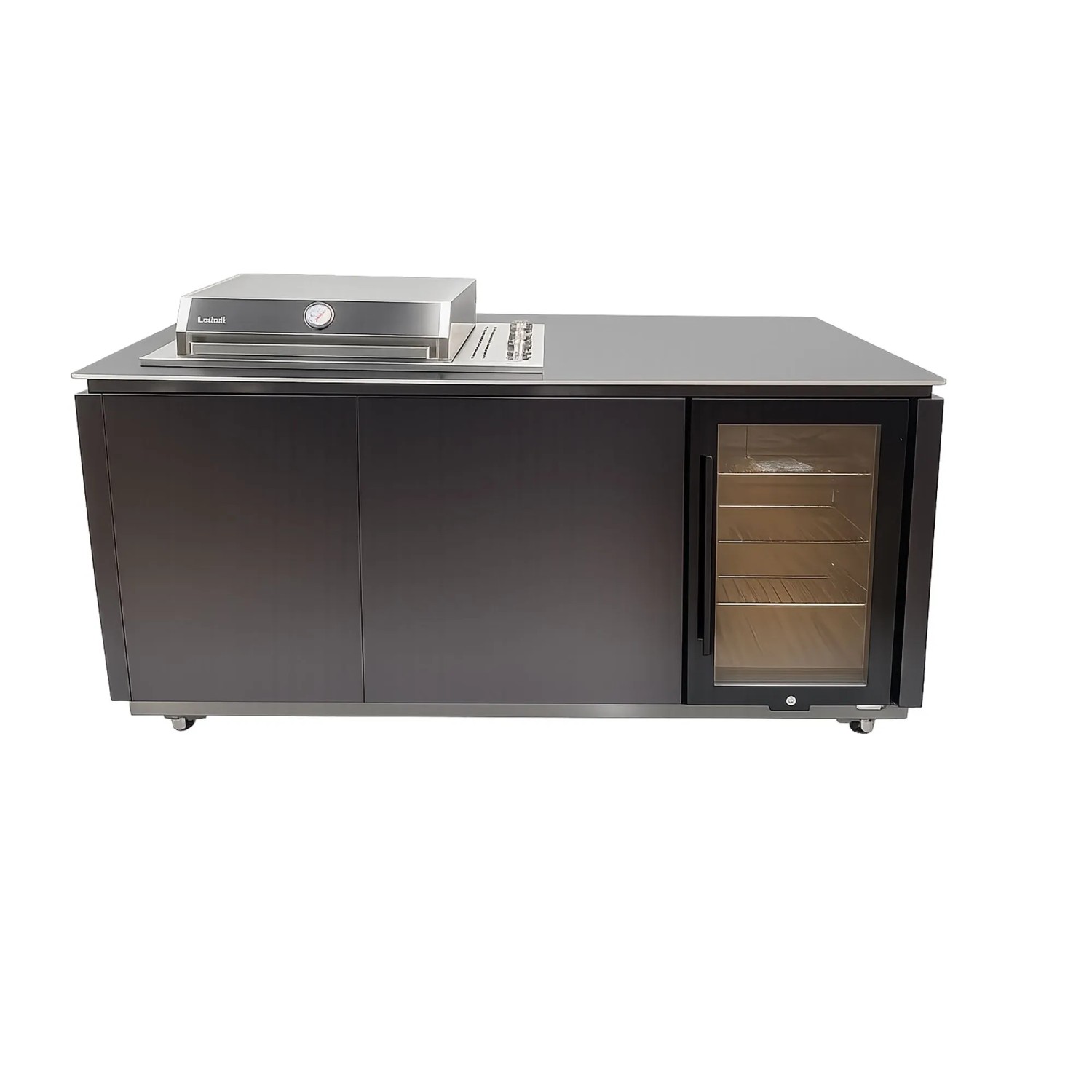 Buschbeck Outdoorküche Glasgow Schwarz mit Sizzle Zone und Getränkekühlschrank.