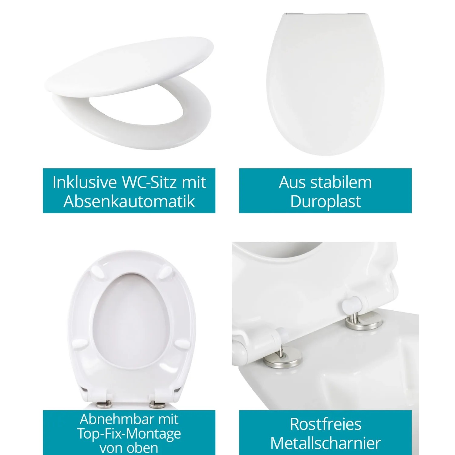 Calmwaters Stand-WC Set: Details zum WC-Sitz mit Absenkautomatik, Duroplast, Top-Fix Montage und Metallscharnier.