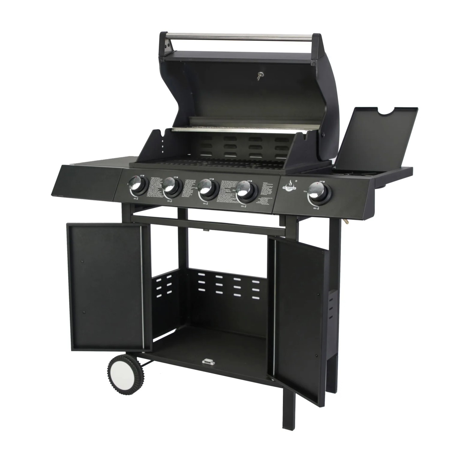 Schwarzer El Fuego Gasgrill San Angelo mit 4+1 Brennern, Seitenablage und Unterschrank.